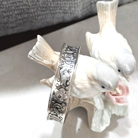 Floral Bird Cuff Bracelet Artisan-Created White Copper and Zinc Oxidized - Picture 3 of 11
